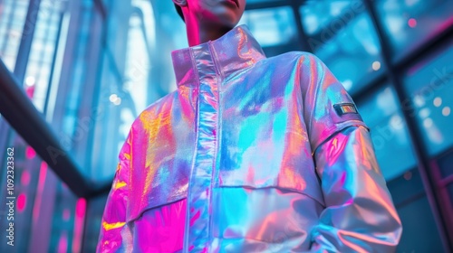 A futuristic OOTD with holographic materials, metallic jacket, and high-tech accessories, posed in a high-tech cityscape photo