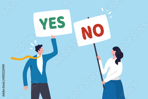 Yes, No argument or disagreement, conflict fight debate, dilemma, dispute or office rivalry war, struggle, negative discussion concept, businessman and woman arguing or fight with yes and no sign.