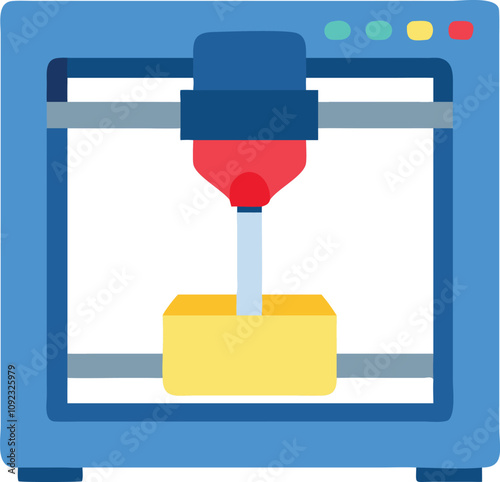 3D Printer Creating a Yellow Block, Illustration of a 3D printer producing a yellow block, representing modern additive manufacturing, innovation, and advanced prototyping technology.  
