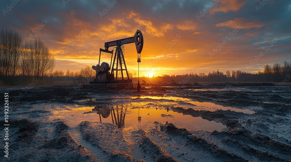 Fototapeta premium Oil Pump Jack Sunset Landscape Energy Industry Mud Rural Scene
