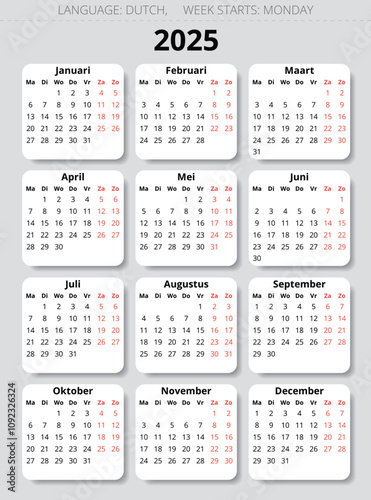 2025 dutch calendar. Vector illustration for Dutch. 12 months year