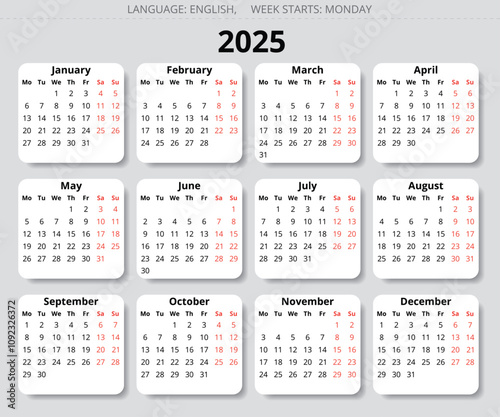 2025 year english vector calendar 12 months. Week starts monday