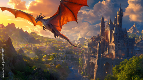 Majestic dragon soaring over a fantasy castle landscape during sunset, filled with adventure