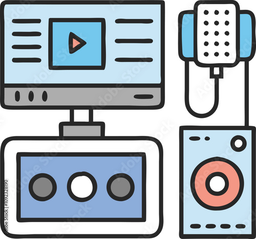 Home Studio Multimedia Recording Setup, Colorful illustration of a home studio setup featuring a monitor with a play button, microphone, speaker, and control panel, symbolizing multimedia production t