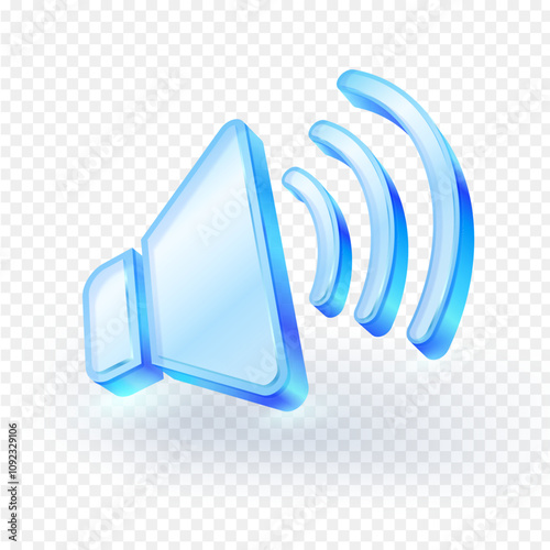 3D sound volume speaker icon Blue clear glass material. isolated on transparent background. Vector illustration file.
