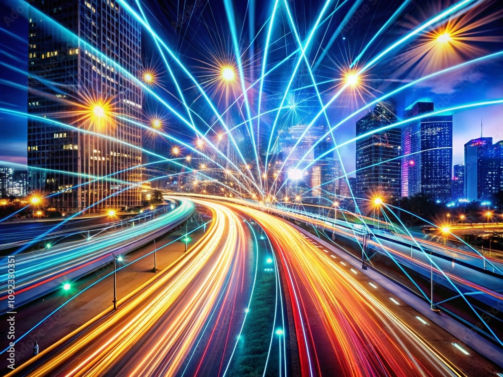 Obraz premium Dynamic Long Exposure of a High-Speed Network, Capturing the Flow of Data and Connectivity in the Virtual Cyberspace for a Futuristic Digital Experience