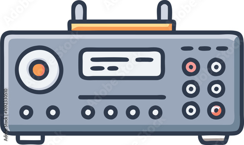 Home Audio Receiver with Multiple Inputs, Colorful illustration of a home audio receiver featuring multiple input ports and control knobs, symbolizing advanced sound systems and multimedia technology.