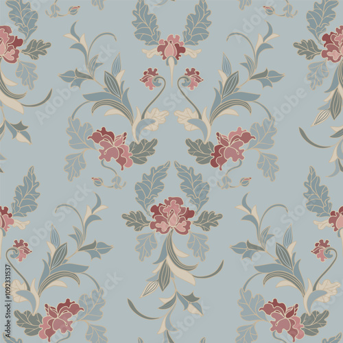 Seamless pattern in modern style. Floral classic ornament. Retro blue pattern.