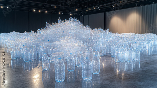 Large Installation of Transparent Plastic Water Bottles Filling an Expansive Indoor Space, Highlighting Environmental Issues Related to Plastic Waste and Consumption photo