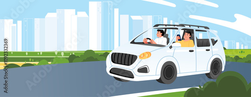 Man driving car on road across suburb along modern cityscape buildings