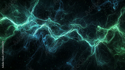 Abstract green and blue energy waves create mesmerizing visual effect, resembling cosmic phenomenon in dark space. shimmering light adds depth and intrigue