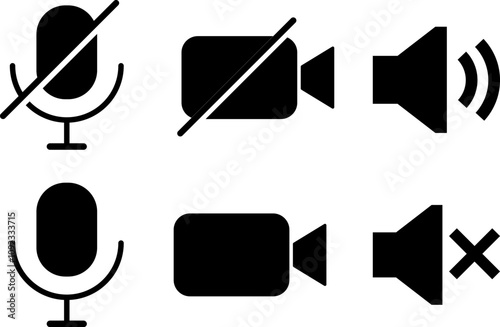 Mute microphone, video cam off, and silent speaker icon set. Full collection of microphone. Elements of multimedia
