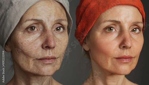 Comparison of a face with visible wrinkles and smooth skin in a painterly style
