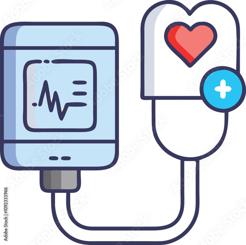 Digital Heart Monitor with Cuff Icon, Colorful illustration of a digital heart monitor featuring a cuff and cables, symbolizing advanced healthcare technology and patient diagnostics.
