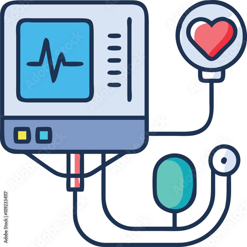 Digital Heart Monitor with Cuff Icon, Colorful illustration of a digital heart monitor featuring a cuff and cables, symbolizing advanced healthcare technology and patient diagnostics.
