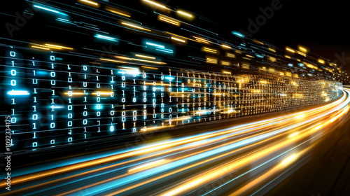 dynamic digital firewall with glowing binary code and light trails, representing data flow and technology. vibrant colors create sense of speed and innovation