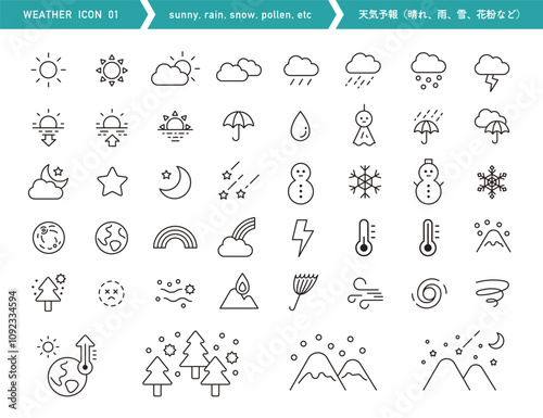 天気のアイコンイラスト。天気予報。晴れ、雲、雨、雪、花などの自然現象。ベクター素材。