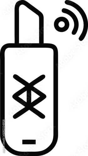 Bluetooth USB Transmitter Icon Design, Black line illustration of a Bluetooth USB transmitter with a wireless signal, symbolizing portable connectivity and device integration technology.
