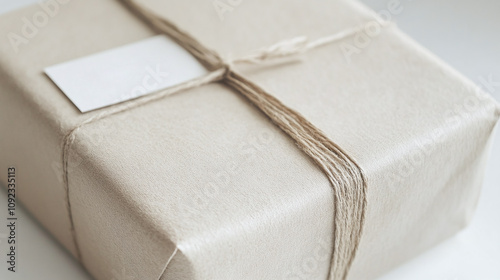 A close-up view of a beautifully wrapped carton box using biodegradable white paper, showcasing its texture and a handwritten label, with a clean white background to highlight its eco-conscious design photo