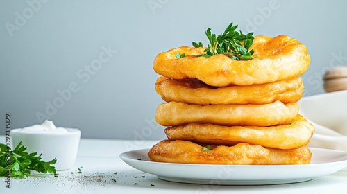 Golden Fried Bread Stack with Fresh Parsley on White Plate Against Soft Gray Background photo