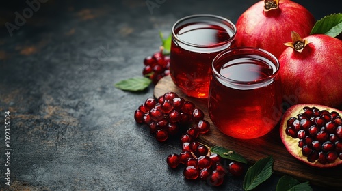 Pomegranate and Red Berries with Honey on a Wooden Table photo