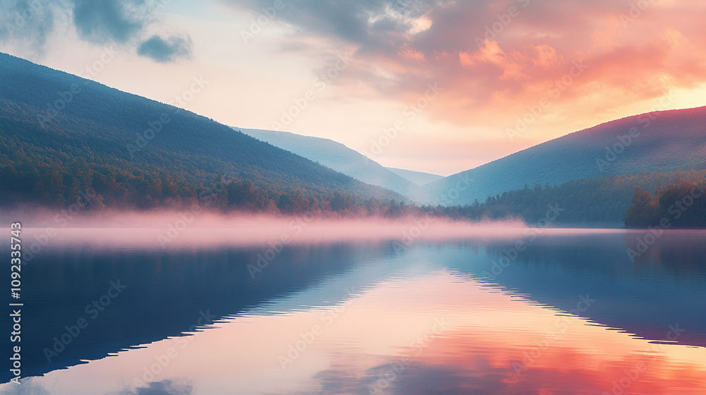 Fototapeta premium A serene mountain landscape at sunrise, with mist rolling over the valleys and vibrant colors reflecting in a calm lake, captured in high detail