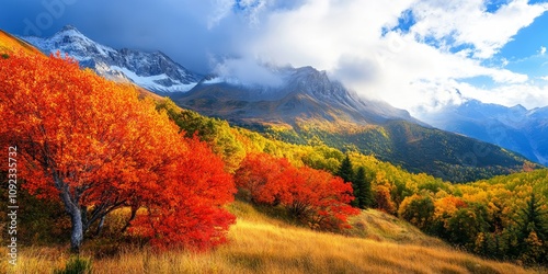 Mountain landscape photography featuring vibrant leaves in the foreground, capturing the essence of nature s beauty in mountain landscape photography for stunning visual appeal. photo