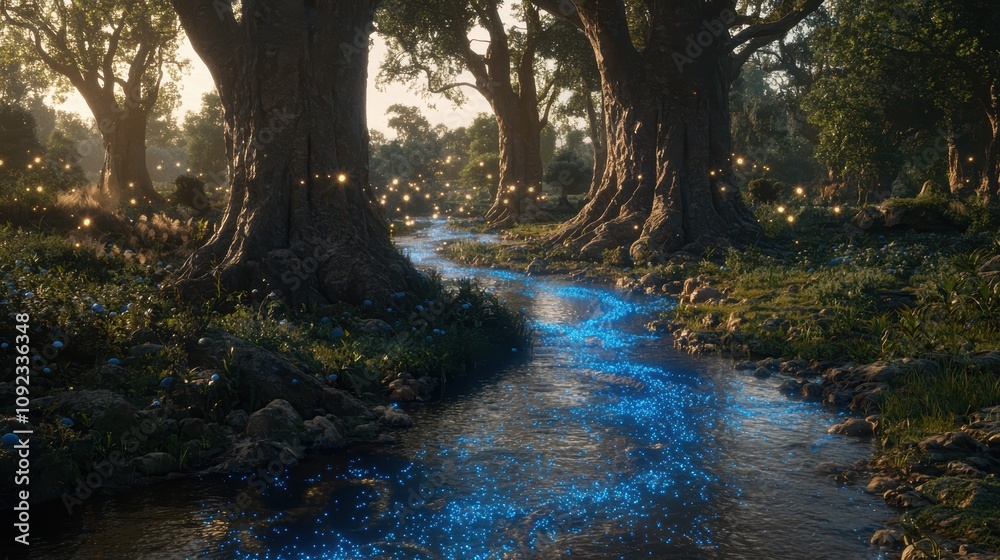 Enchanting Forest with Glowing River Under Soft Light, Surrounded by Majestic Trees and Nature's Wonders, Creating a Dreamlike and Magical Atmosphere Enchanting Forest with Glowing River Under Soft Light, Surrounded by Majestic Trees and Nature's Wonders, Creating a Dreamlike and Magical Atmosphere