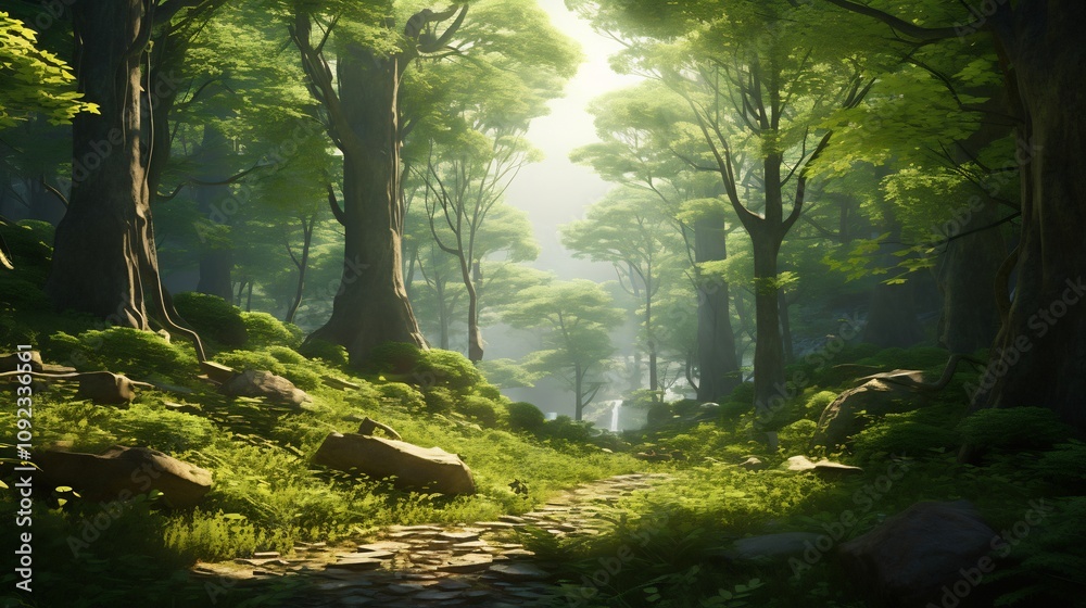 Obraz premium Lush Verdant Forest with Captivating Sunlight Rays Filtering Through the Canopy