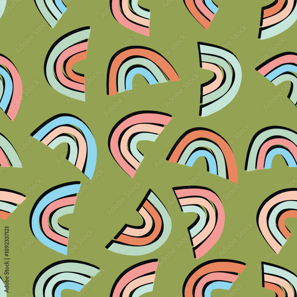 Naklejka premium Trendy seamless pattern with colorful rainbow on color background. Design for invitation, poster, card, fabric, textile, fabric. Cute holiday illustration for baby. Scandinavian doodle style.