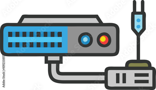 Multifunctional Adapter with Cables Icon, Colorful illustration of a multifunctional adapter with multiple ports and cables, symbolizing connectivity for data, audio, and video devices.
