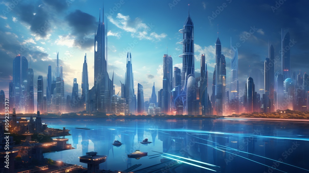 Obraz premium Futuristic Cityscape with Glowing Holographic Skyscrapers and Reflecting Waters