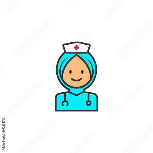 A female muslim nurse icon using a stethoscope on a white background. Medical concept.