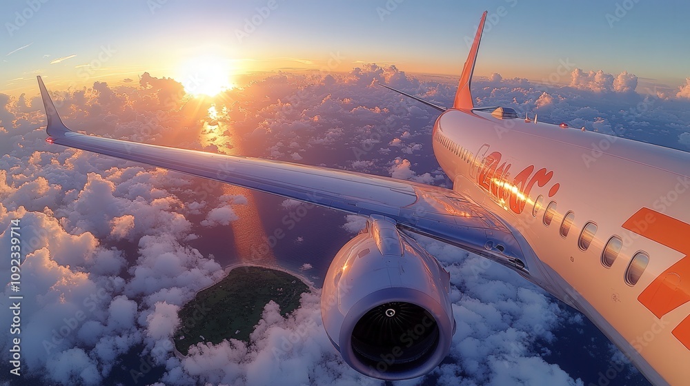 Fototapeta premium Aerial view of an airplane wing at sunset above clouds, showcasing scenic beauty.