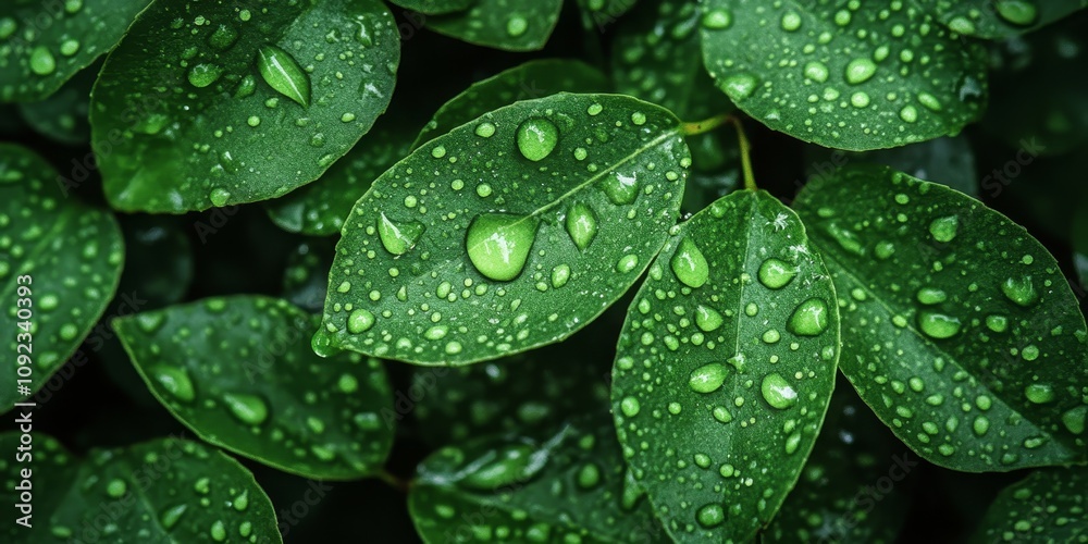 Close up view of a pattern featuring green leaves adorned with dewdrops, showcasing the intricate design of nature s greenery in selective focus on the delicate wet surfaces. Close up view of a pattern featuring green leaves adorned with dewdrops, showcasing the intricate design of nature s greenery in selective focus on the delicate wet surfaces.