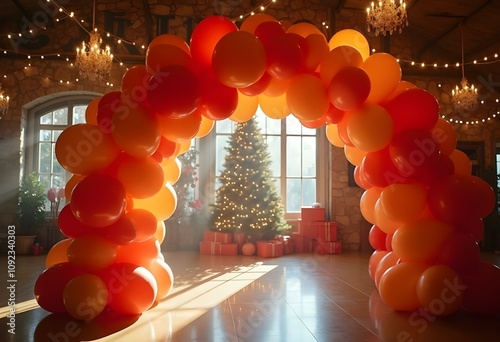 Festive Balloon Arch in Holiday Decorated Venue balloons are red and shiny the balloons are red and shiny. there are metallic colored balloons in between