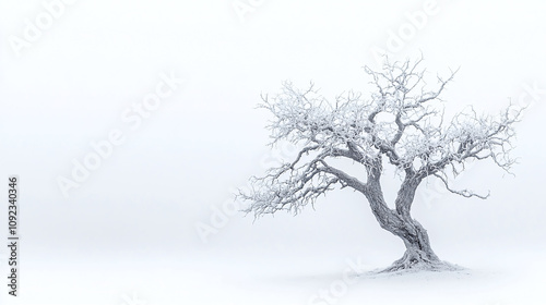An eerie white tree with gnarled limbs, set against a blank white sky, creating a haunting atmosphere