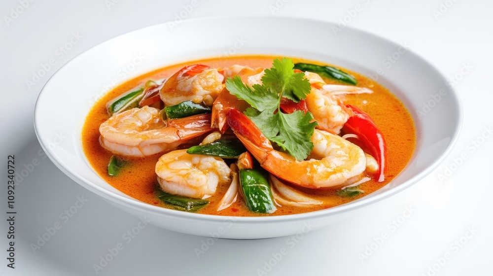 Delicious Thai Tom Yum Soup with Shrimp and Fresh Herbs in a White Bowl on a Clean Background Delicious Thai Tom Yum Soup with Shrimp and Fresh Herbs in a White Bowl on a Clean Background