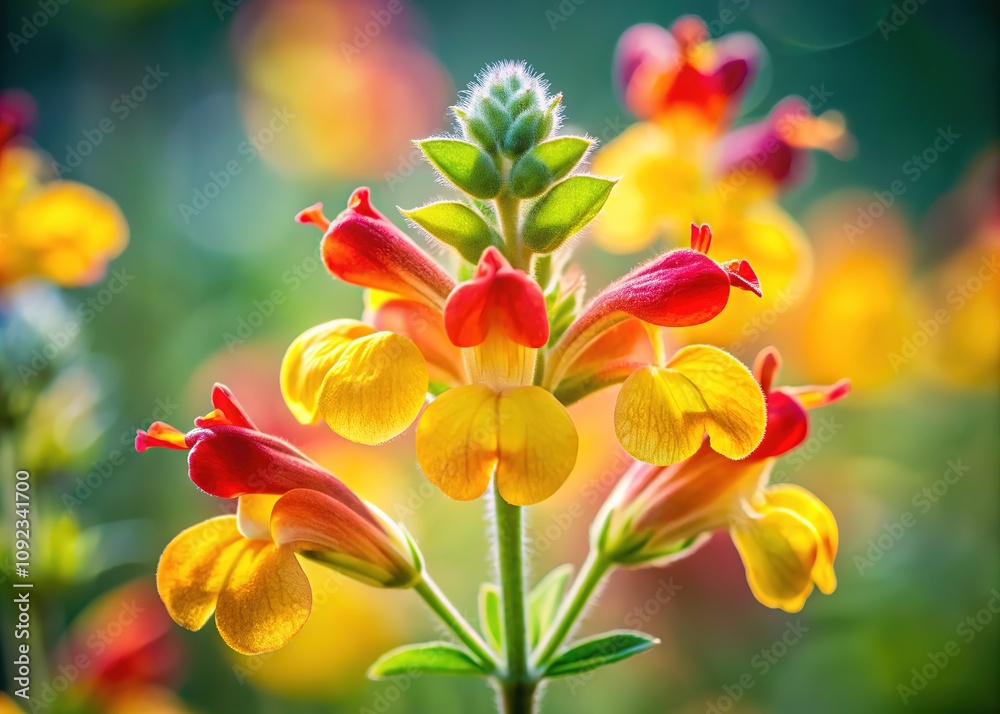 Fototapeta premium Lemon flower double exposure, capturing Salvia Hot Lips' fiery blooms.