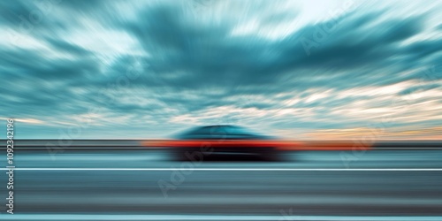 Blurred image of a car on a road with a dramatic sky featuring clouds overhead, capturing the essence of motion and travel with the blurred car providing a sense of speed and dynamism.