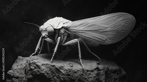 A detailed close-up of a cicada perched on a rock, showcasing its intricate wings and body structure in monochrome tones. photo