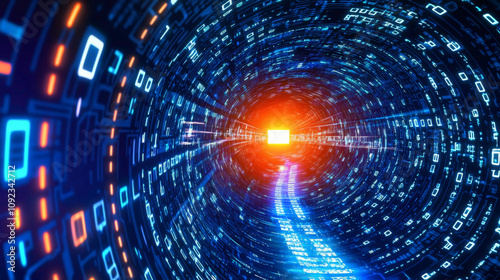 digital tunnel filled with glowing binary code and bright light at end, creating sense of depth and movement. vibrant colors evoke futuristic atmosphere