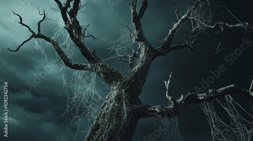 An old tree with skeletal limbs, draped in cobwebs under a dark sky photo