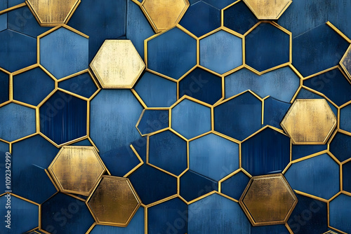 Elegant abstract geometric art deco pattern with blue and gold hexagons for modern interiors photo