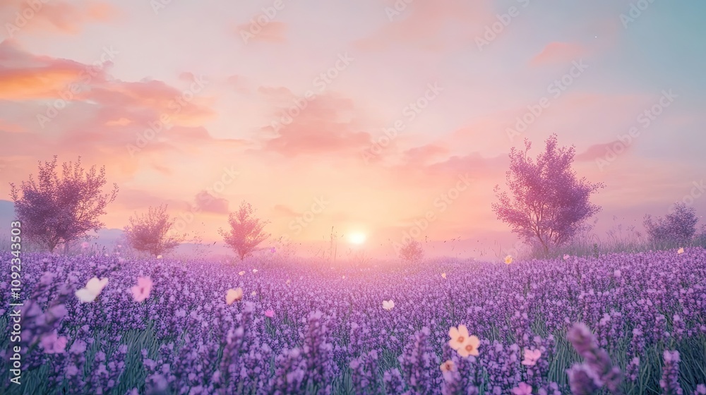Naklejka premium Wonderful nature landscape, amazing sunset scenery with blooming lavender flowers. Moody sky, pastel colors on bright landscape view. Floral panoramic meadow nature in lines with trees and horizon