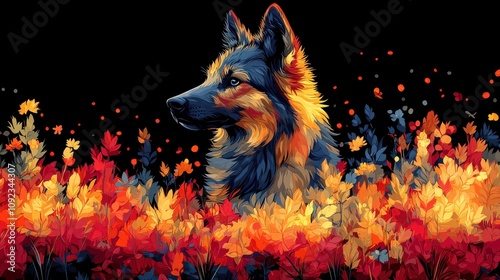 Striking Digital Illustration of a Wolf Surrounded by Vibrant Autumn Leaves in Bold Colors, Capturing the Essence of Nature's Beauty and Wildlife Serenity photo