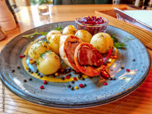 Obraz na płótnie Roulade with dumplings and fried beetroots. w salonie