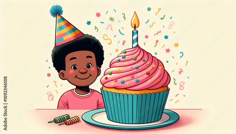 A smiling child wearing a birthday hat sits next to a giant cupcake with a candle, surrounded by festive confetti