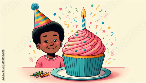 A smiling child wearing a birthday hat sits next to a giant cupcake with a candle, surrounded by festive confetti