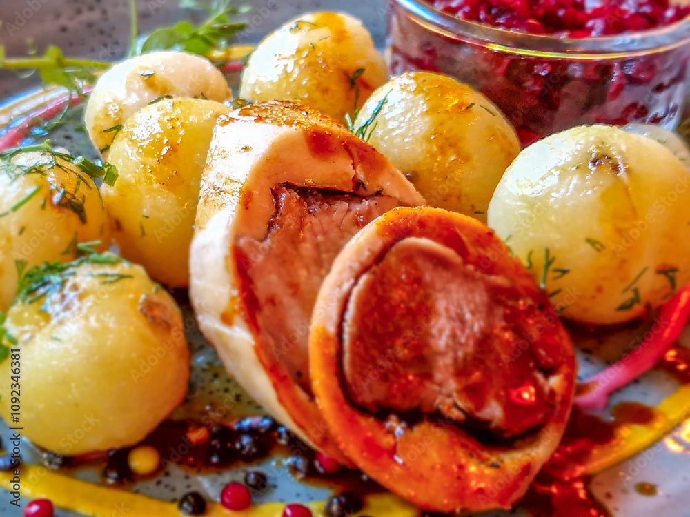 Roulade with dumplings and fried beetroots.